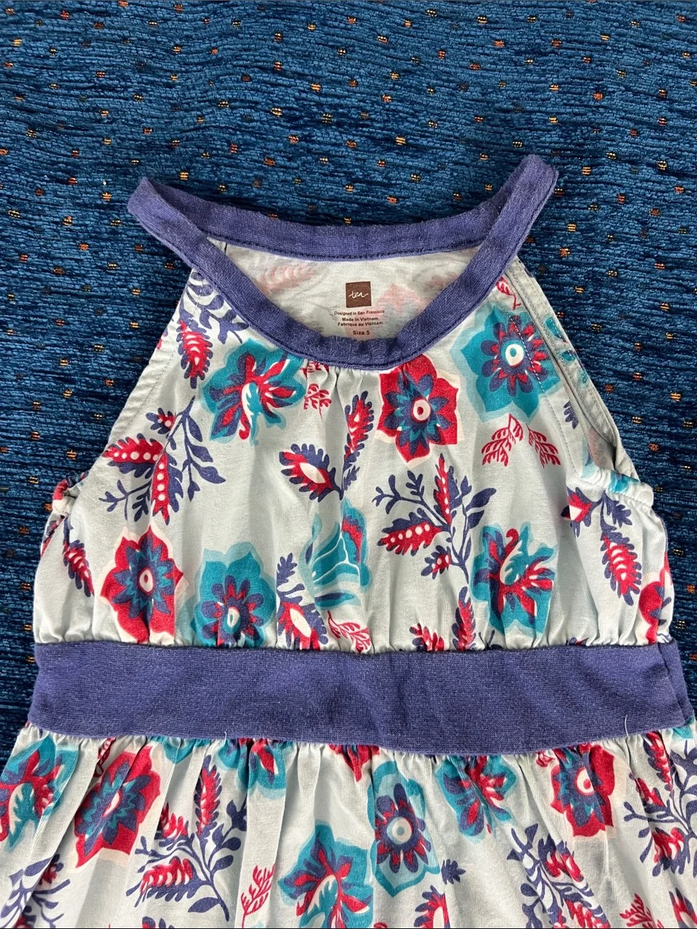 Tea Collection size 5 pale blue Floral tank Dress w/ purple-blue waistband